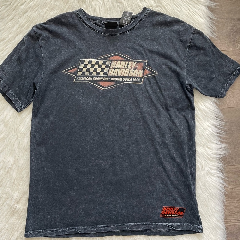 Harley Davidson Men's Black and Orange mineral wash oversized graphic T-shirt L